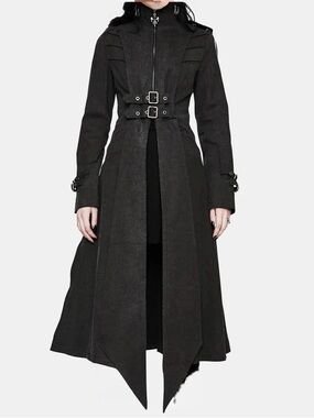 Punkrave Long Gothic Trench Coat with Buckle Waist